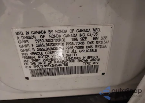 2005 Honda Pilot Ex-L from USA, damaged, VIN 2HKYF185X5H546788